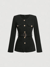 Women Front Button Long Sleeve Pocket Minimalist Top And A-Line Skirt Suit